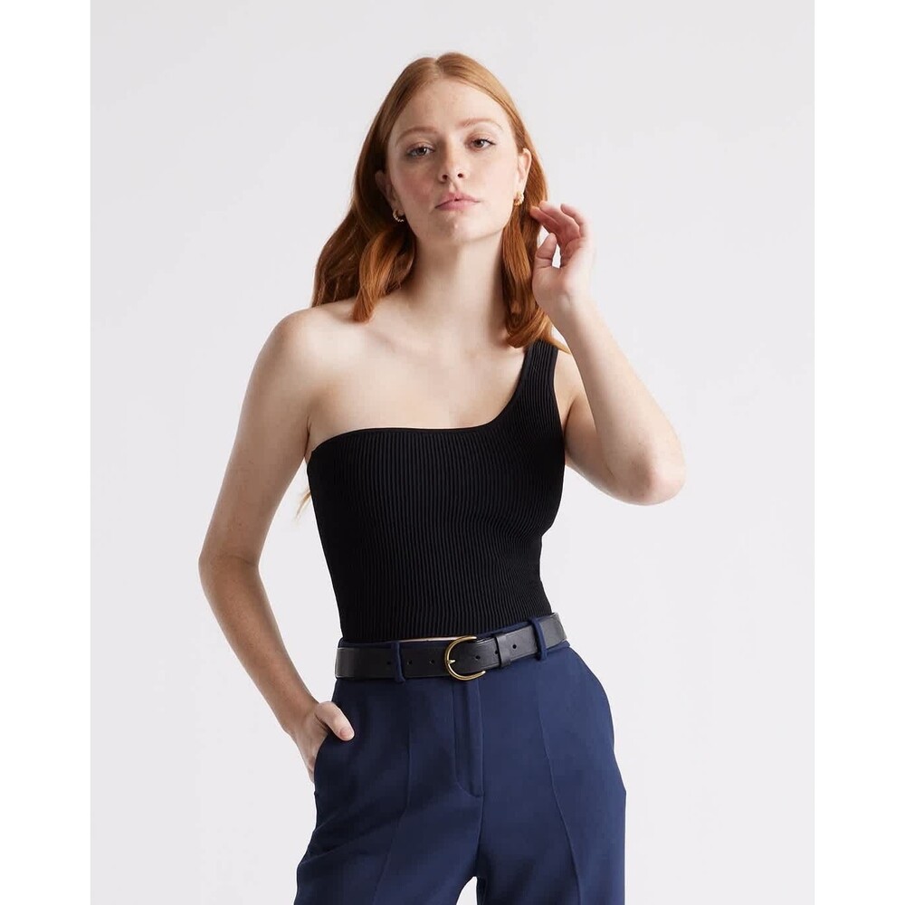 Quince Cropped One Shoulder Sweater Knit Tank Sz S Black Basic Minimalist